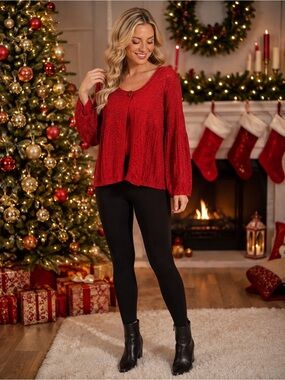 Nine West Women's Red Shimmer Ribbed Knit Single Button Bell Sleeve Cardigan
